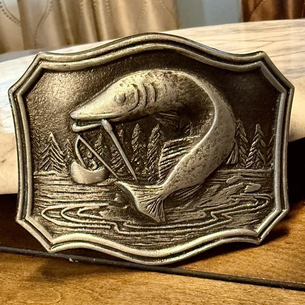 VTG 1970s Silver Fish Fisherman Fishing‎ Pine Trees Canoe Belt Buckle Pike 3